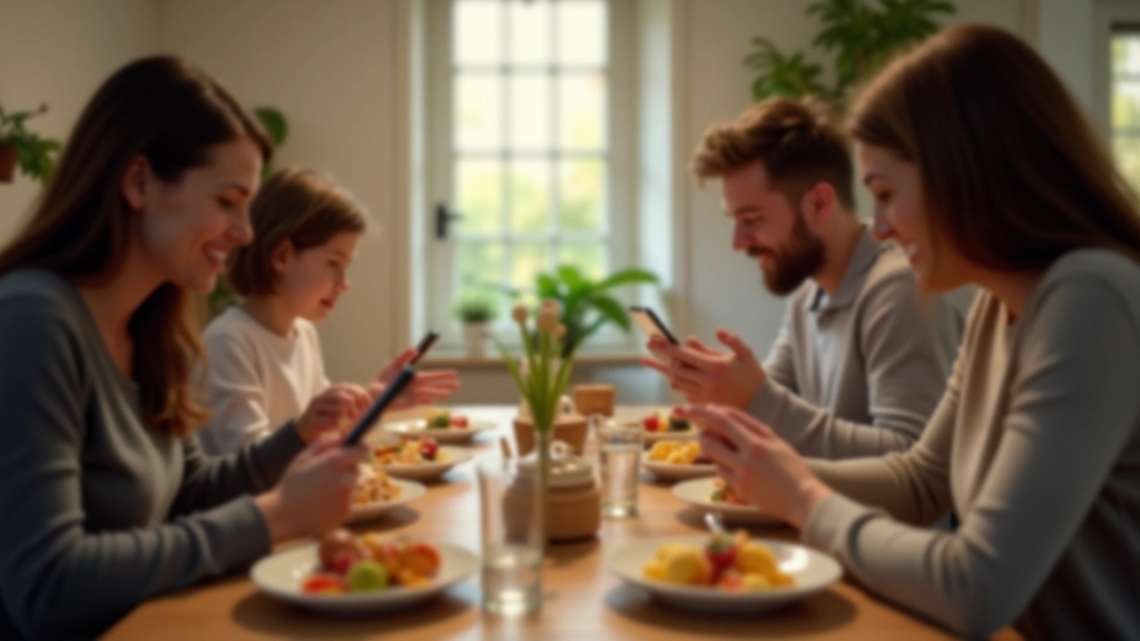 Family of four enjoying meal together at dining table without phones visible, natural home lighting, warm atmosphere