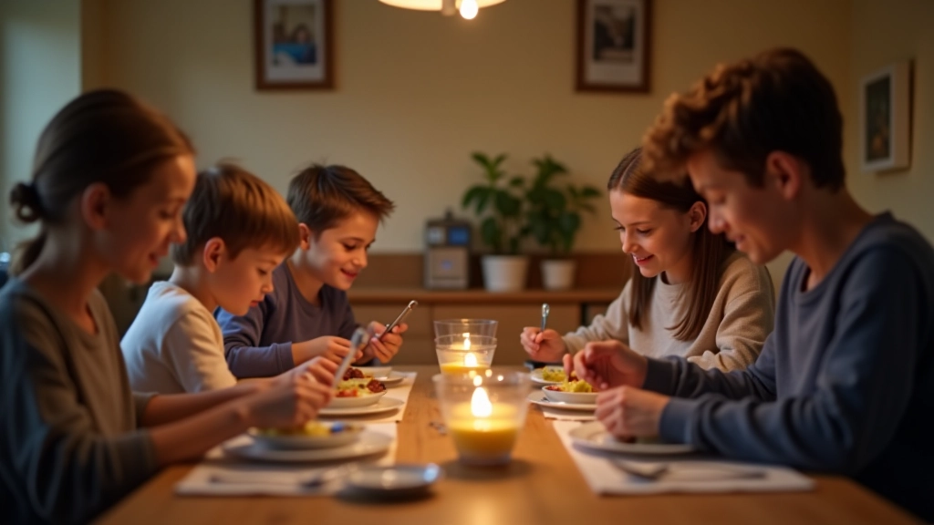 Family sitting at dining table without phones, enjoying a meal together, natural home setting