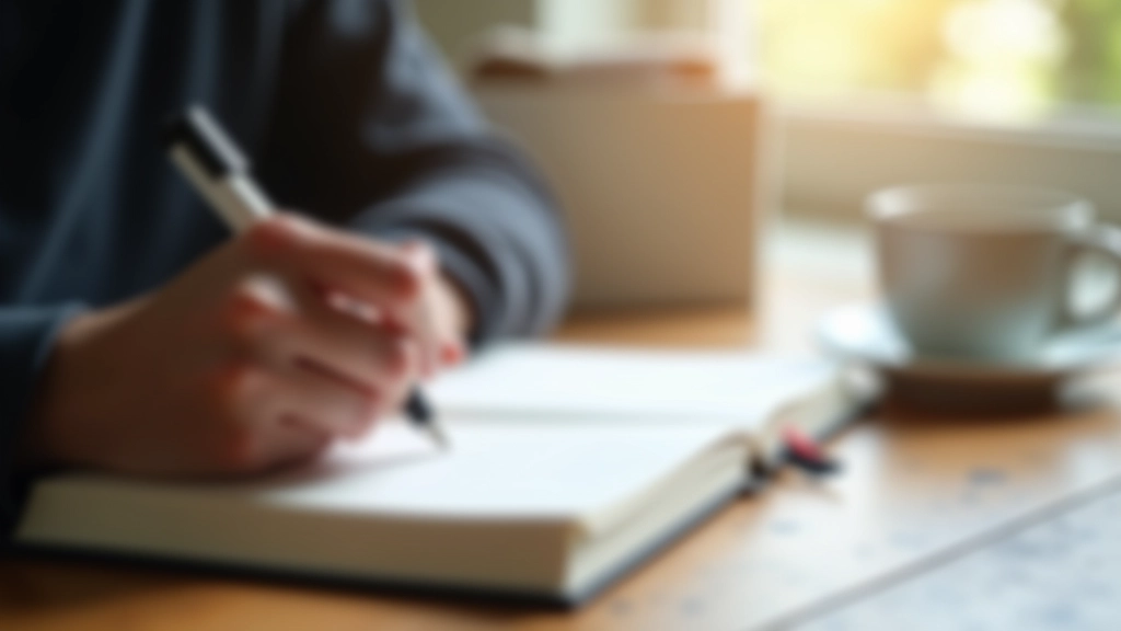 Hand writing notes in journal with pen, tracking daily activities and reflections, cozy workspace with natural light