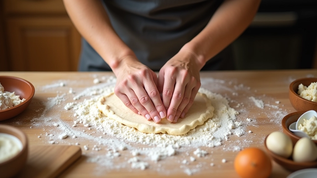 Hands kneading bread dough on wooden countertop, flour dusted surface, fresh ingredients nearby, warm kitchen lighting