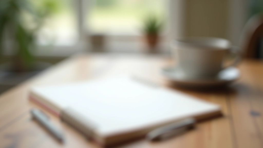 Journal and pen on wooden desk with coffee cup, morning light from window, minimalist workspace setup