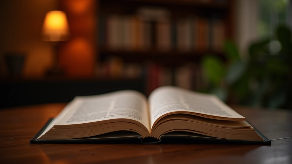 Close-up of open hardcover book with pages turned, warm reading lamp on wooden table, cozy reading nook with blanket