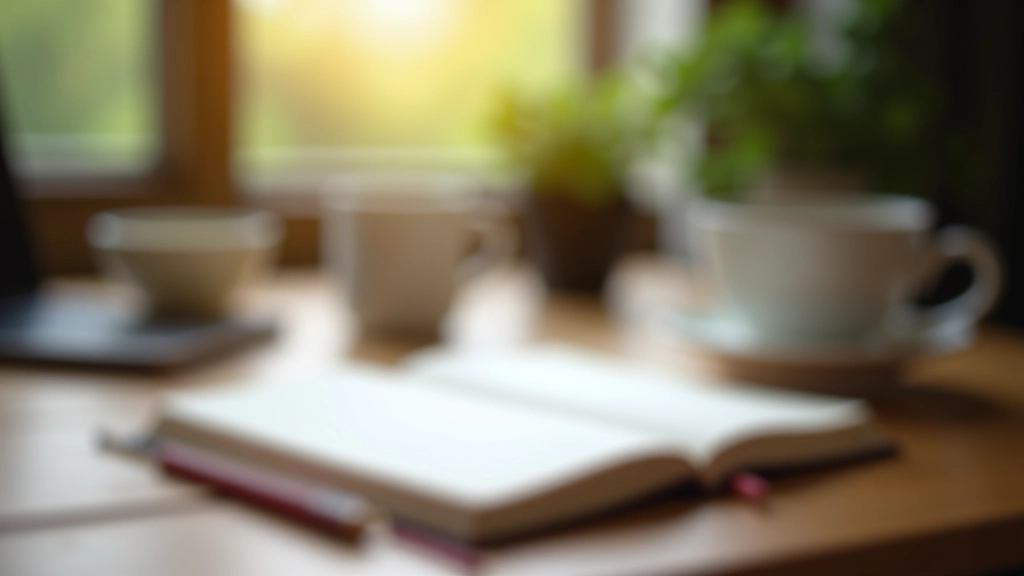 Organized workspace with journal, pen, and tea cup on wooden desk, morning light, peaceful home office setting