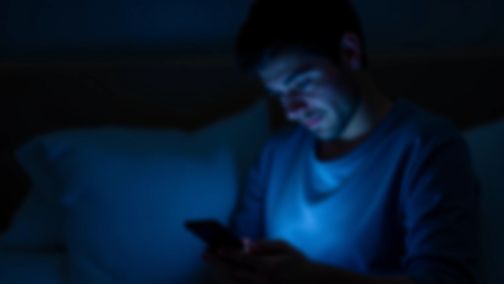 Person holding smartphone at night in dimly lit bedroom, blue light from screen illuminating face
