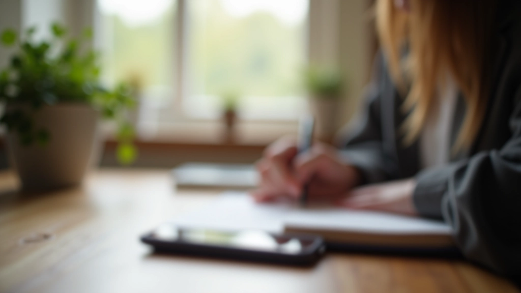 Person sitting at wooden desk with journal and phone face-down, morning sunlight, peaceful workspace