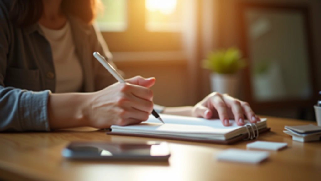 Person sitting with journal and pen, phone placed face-down on desk, morning light from window