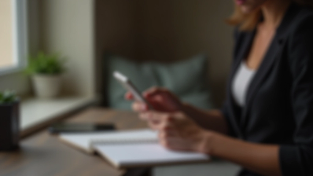 Person holding smartphone and notebook together, reviewing weekly screen time data with notes, focused work environment