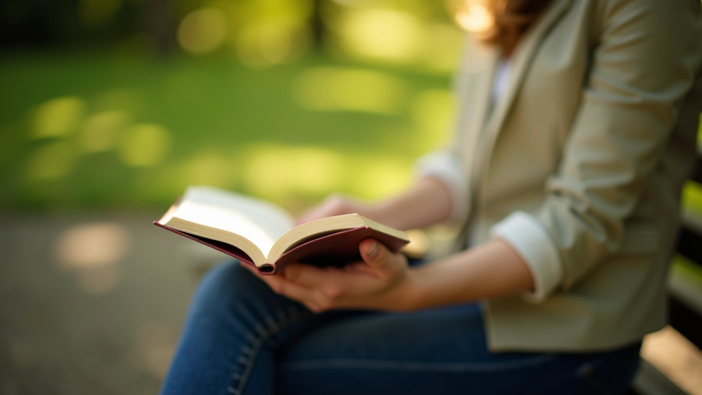 Person reading physical hardcover book outdoors on wooden bench, natural sunlight, peaceful park setting with green background