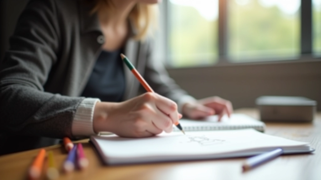 Artist sketching in notebook with colored pencils scattered on wooden desk, morning natural light, creative workspace with plants nearby