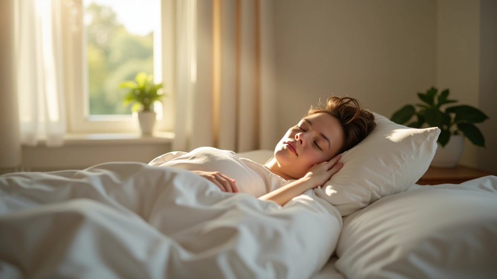 Person sleeping peacefully in bed with early morning light through window, calm bedroom environment