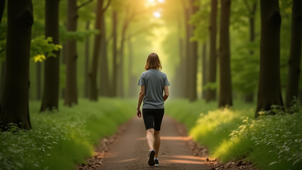 Person walking on forest path surrounded by trees, natural daylight, peaceful outdoor scenery