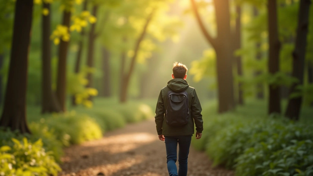 Person walking on tree-lined path in natural park, hiking trail through forest with dappled sunlight, peaceful outdoor setting