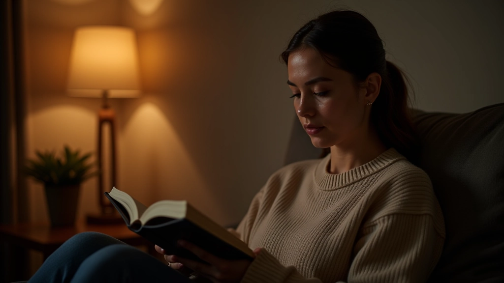 Person reading paperback book in cozy armchair with warm lamp lighting, evening relaxation scene