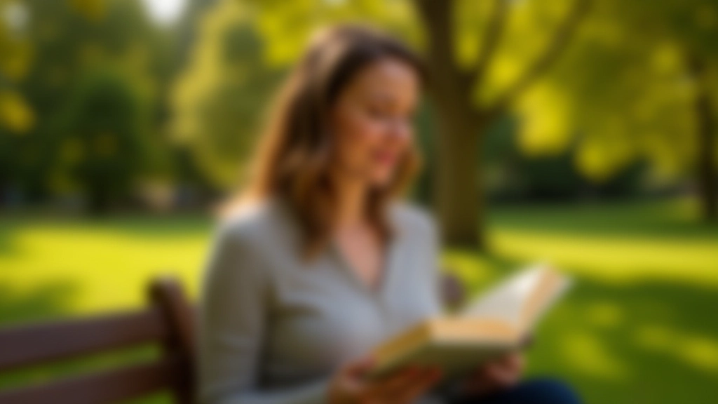 Person reading a physical book outdoors on a bench, natural sunlight, peaceful park setting